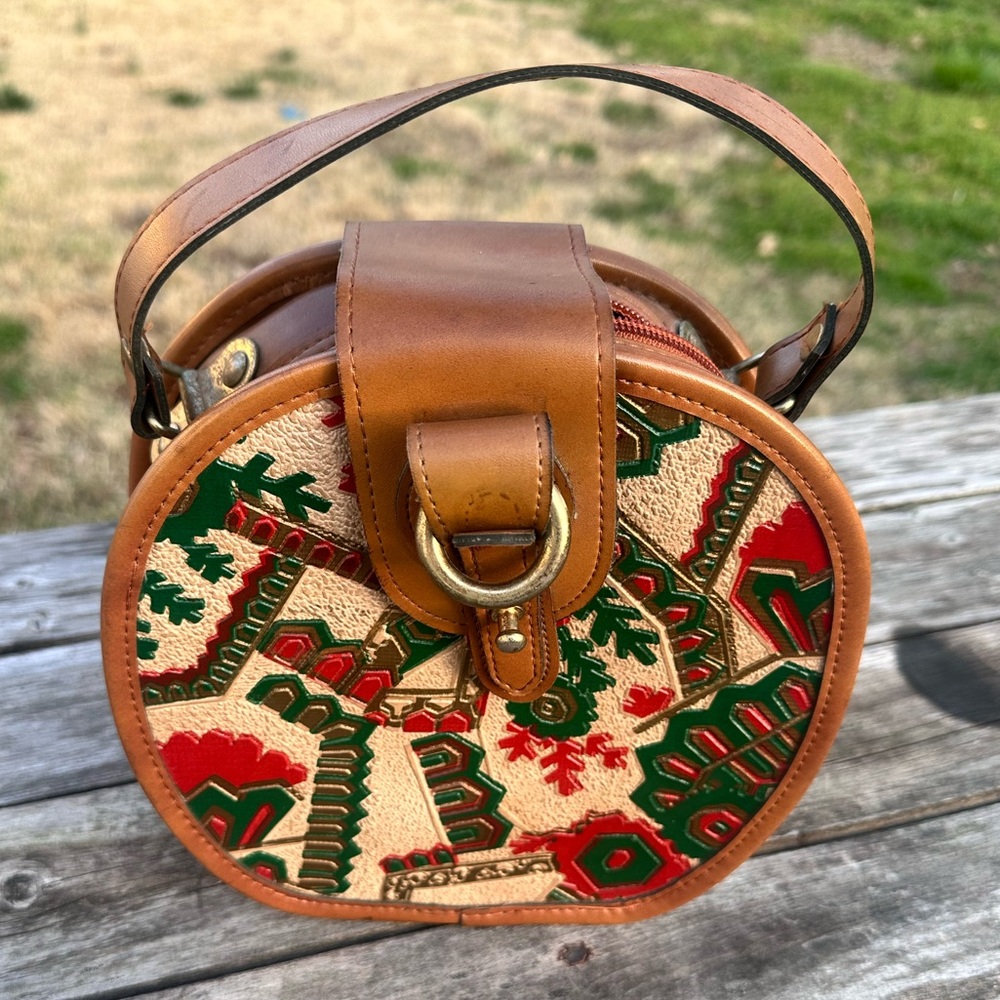 Vintage Artisan Round Leather Canteen Bag With Colorful Tribal Print